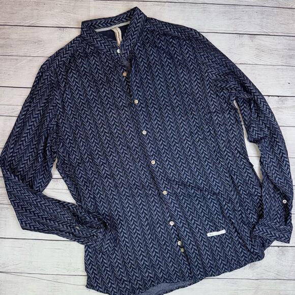 DNL Italian Menswear Chevron Patterned Buttoned Long Sleeve Shirt Blue 44 17.5 - Picture 1 of 6